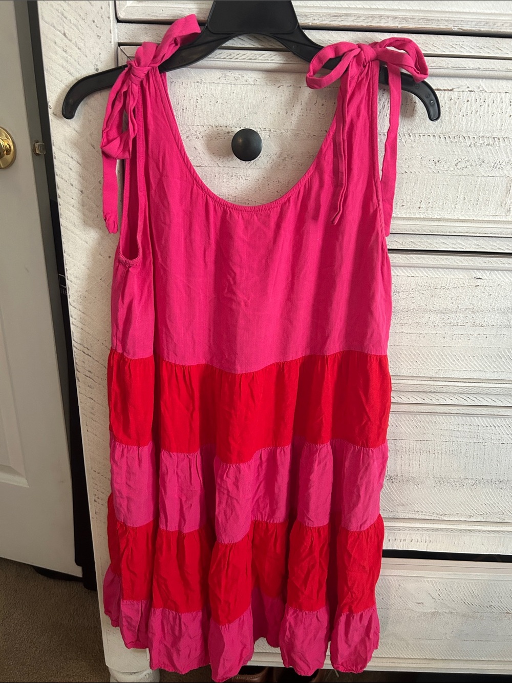JODIFL Pink and Red Tiered Tie-Shoulder Mini Dress